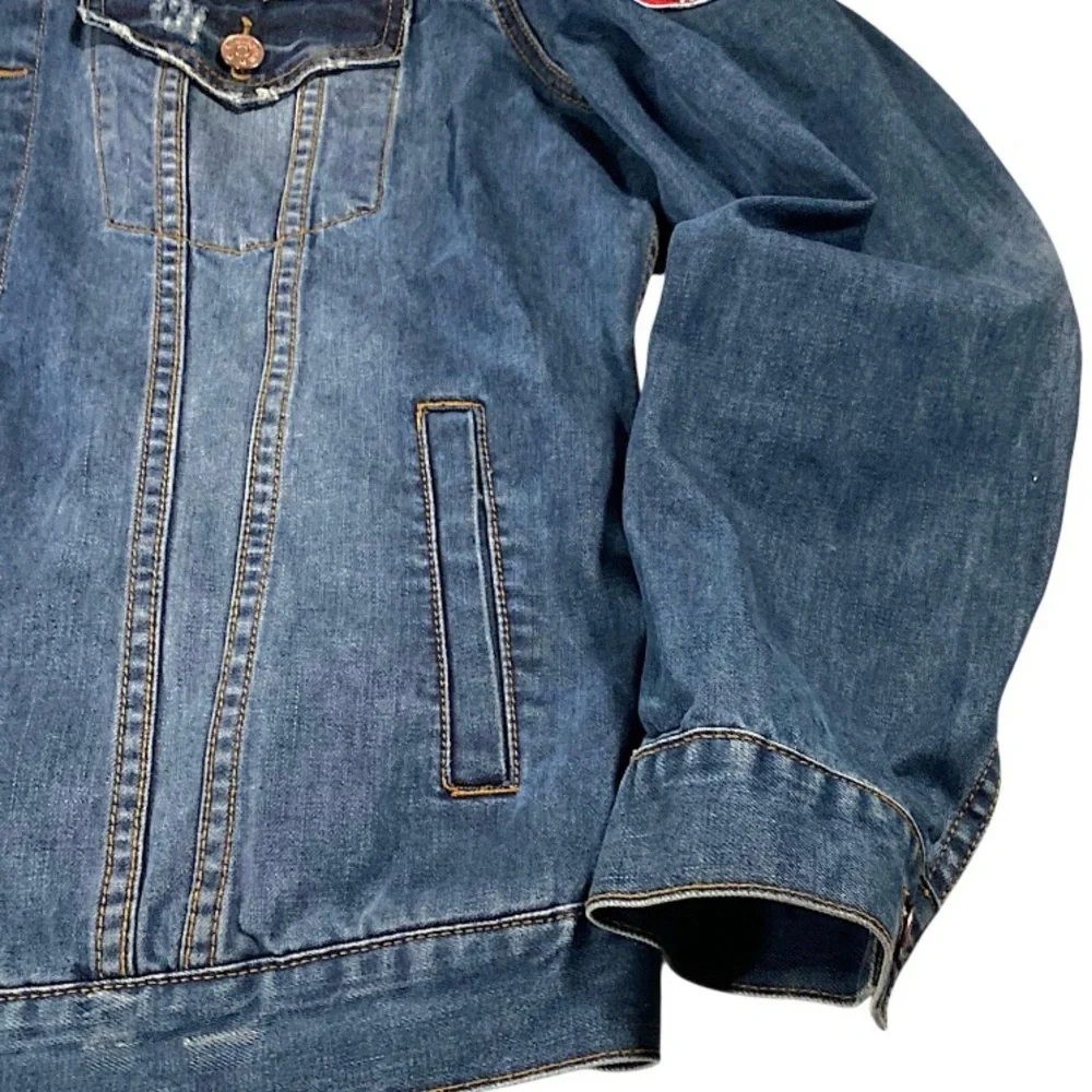 Kilogram Jacket Mens XL Trucker Distressed Denim Patch Biker Rocker Rapper Moto - Picture 5 of 16